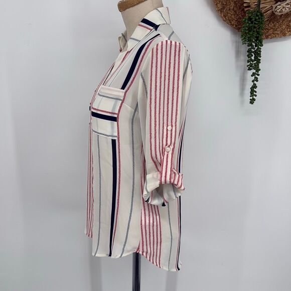 Express Women's Fortofino Shirt Slim Fit Long Roll Tab Sleeve Cream multi Stripe - Picture 3 of 14